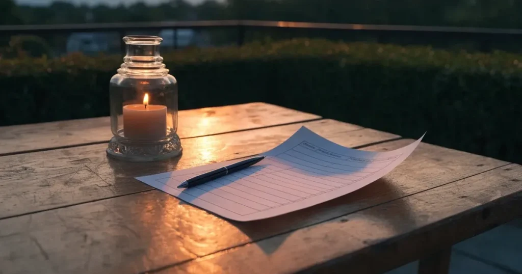 Ein leeres Wettschein-Papier und ein Kugelschreiber liegen auf einem Gartentisch auf einer Terrasse, daneben steht ein Windlicht.