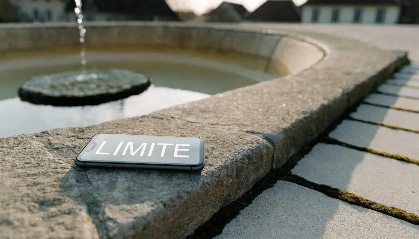 Ein Steinbrunnen auf einem stillen Dorfplatz im ersten Morgenlicht, Wasser fliesst ruhig in das Becken.