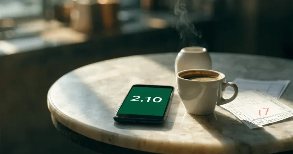 Zwei Kaffeetassen und eine Zuckerdose stehen auf einem runden Marmortisch in einem leeren Café am Morgen.