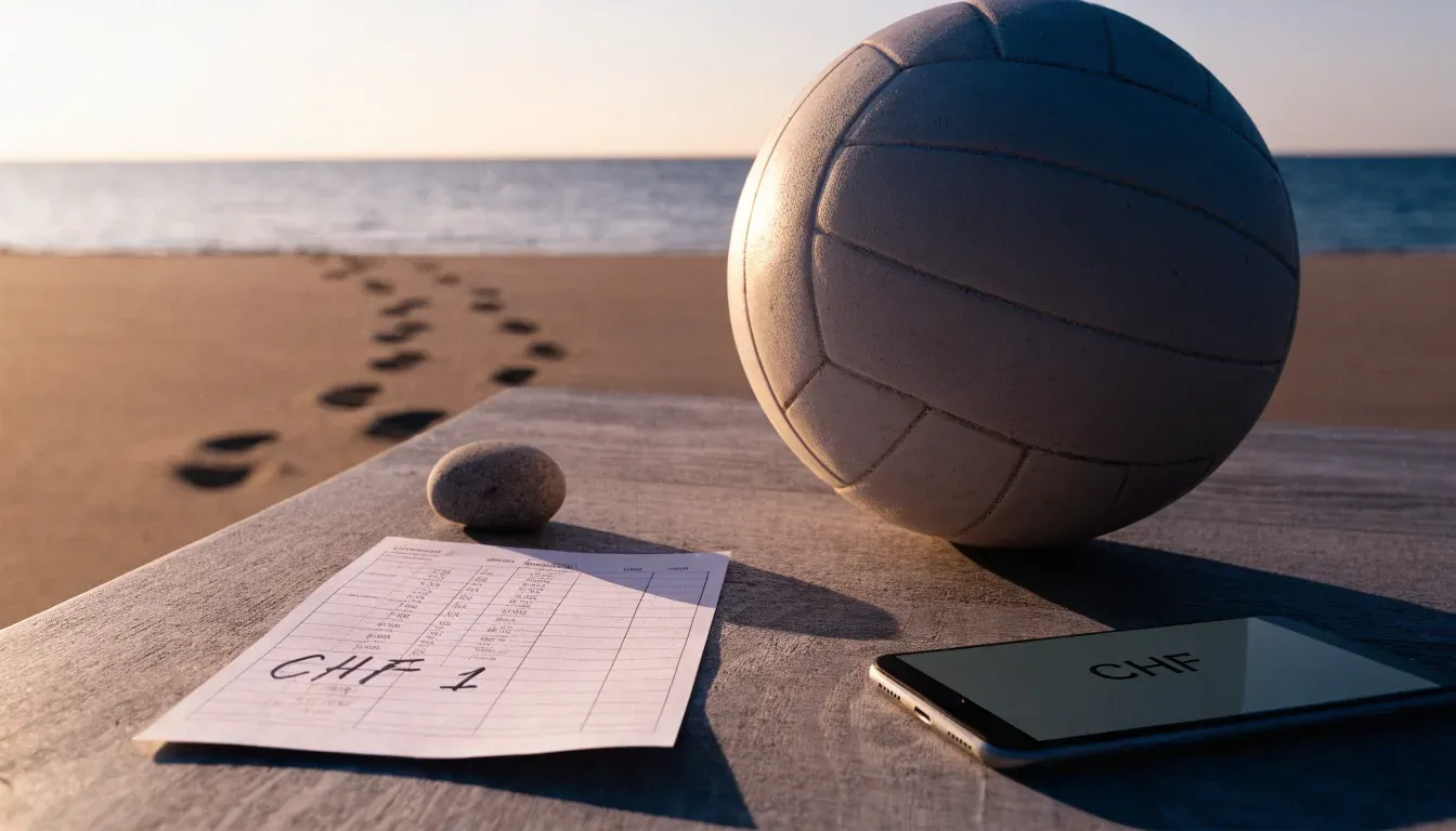 Ein Volleyball liegt auf feinem Sand an einem leeren Strand bei Sonnenaufgang.
