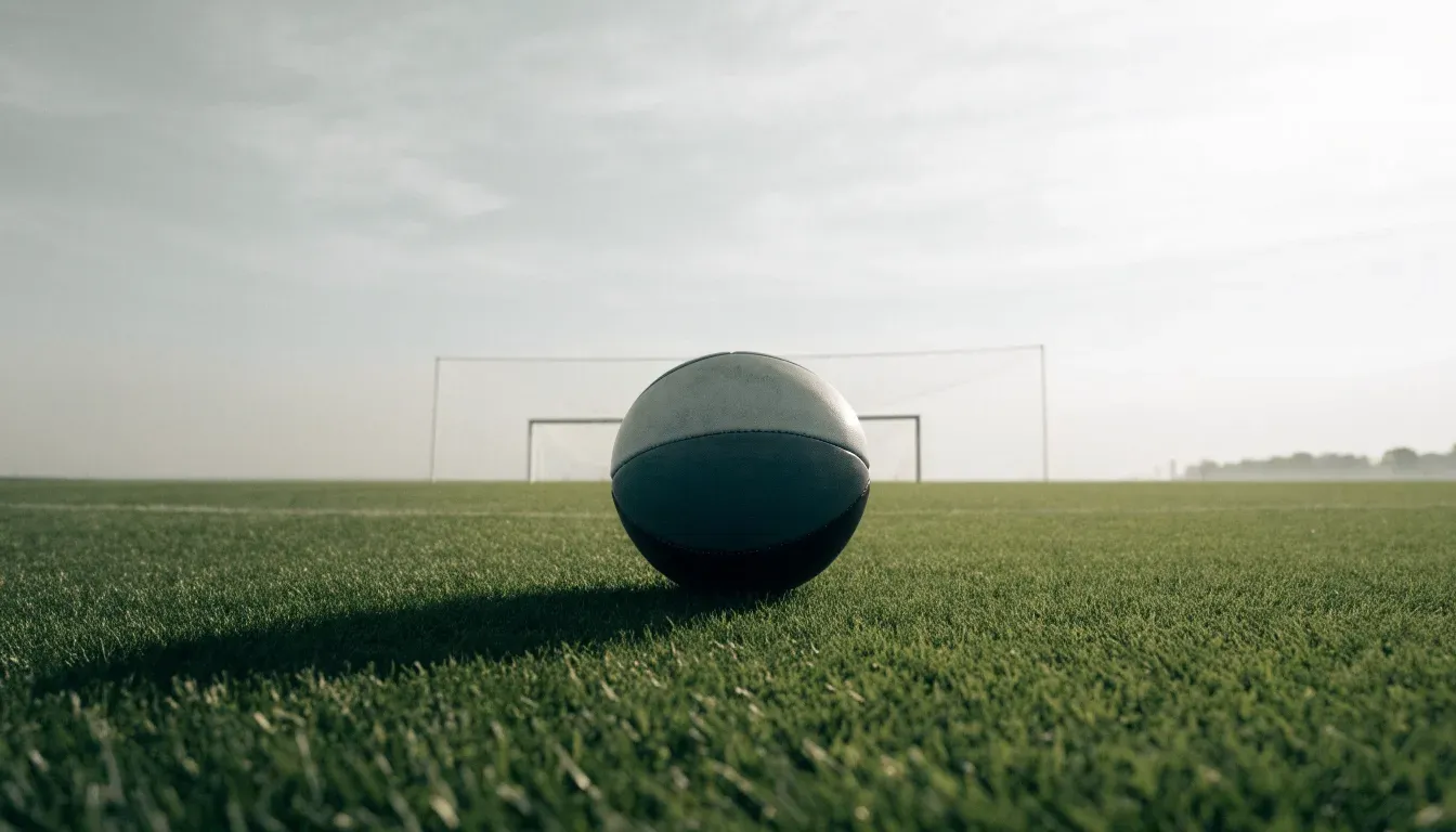 Ein Fussball auf dem Rasen aus niedriger Perspektive aufgenommen, die Torpfosten verschwimmen im Hintergrund.