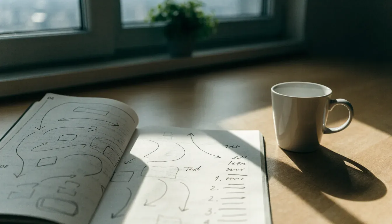 Ein aufgeschlagenes Notizbuch mit handschriftlichen Pfeilen und Kästchen liegt neben einer Kaffeetasse auf einem Schreibtisch am Fenster.