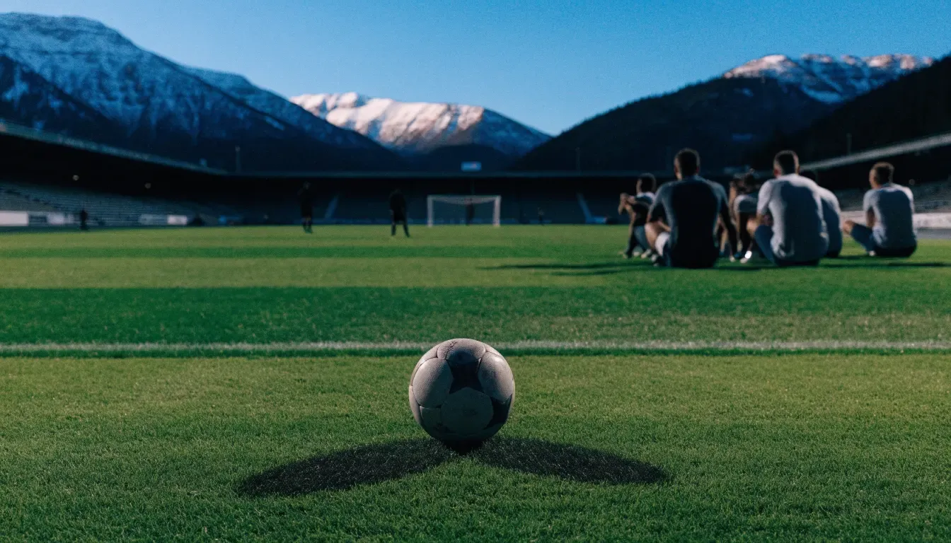 Ein Fussball liegt auf dem Rasen eines leeren Stadions am frühen Abend, dahinter erheben sich schneebedeckte Berge unter klarem Himmel.