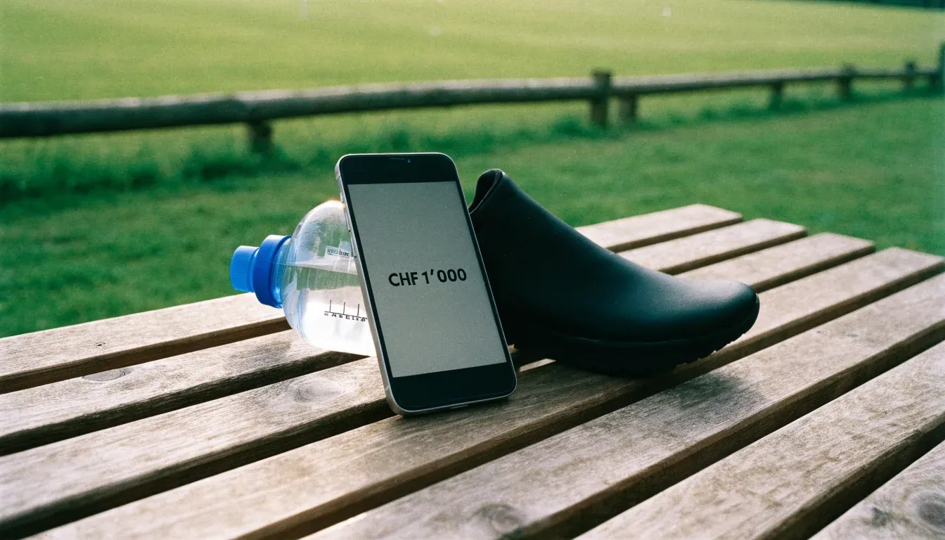 Ein Smartphone mit dunklem Bildschirm lehnt an einer Wasserflasche, daneben stehen Laufschuhe auf einer Bank am Sportplatz.