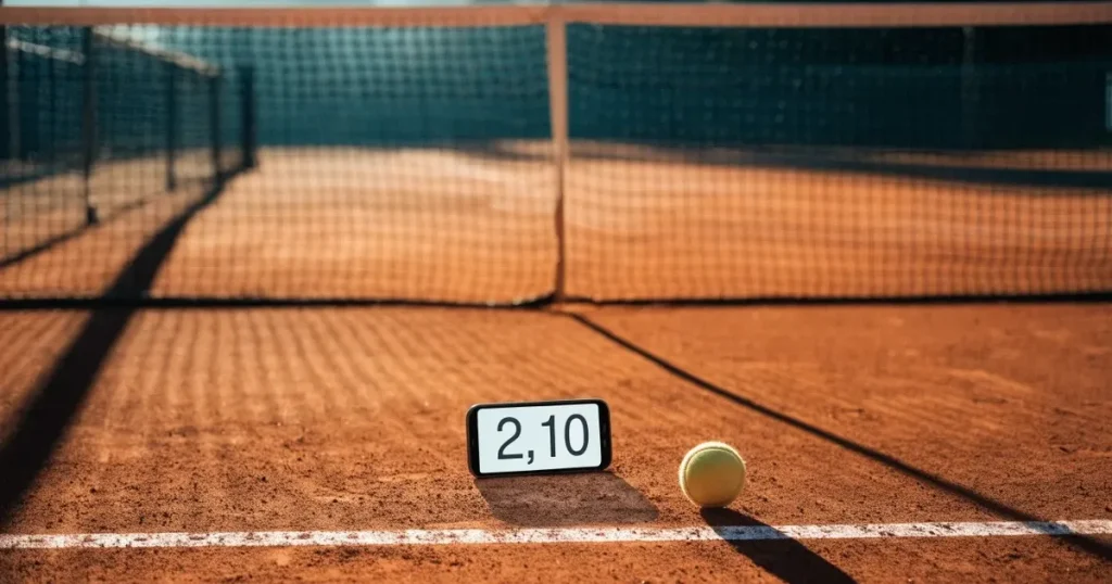 Ein Tennisplatz im ersten Morgenlicht, das Netz hängt leicht durch und auf der Grundlinie liegt ein einzelner Ball.