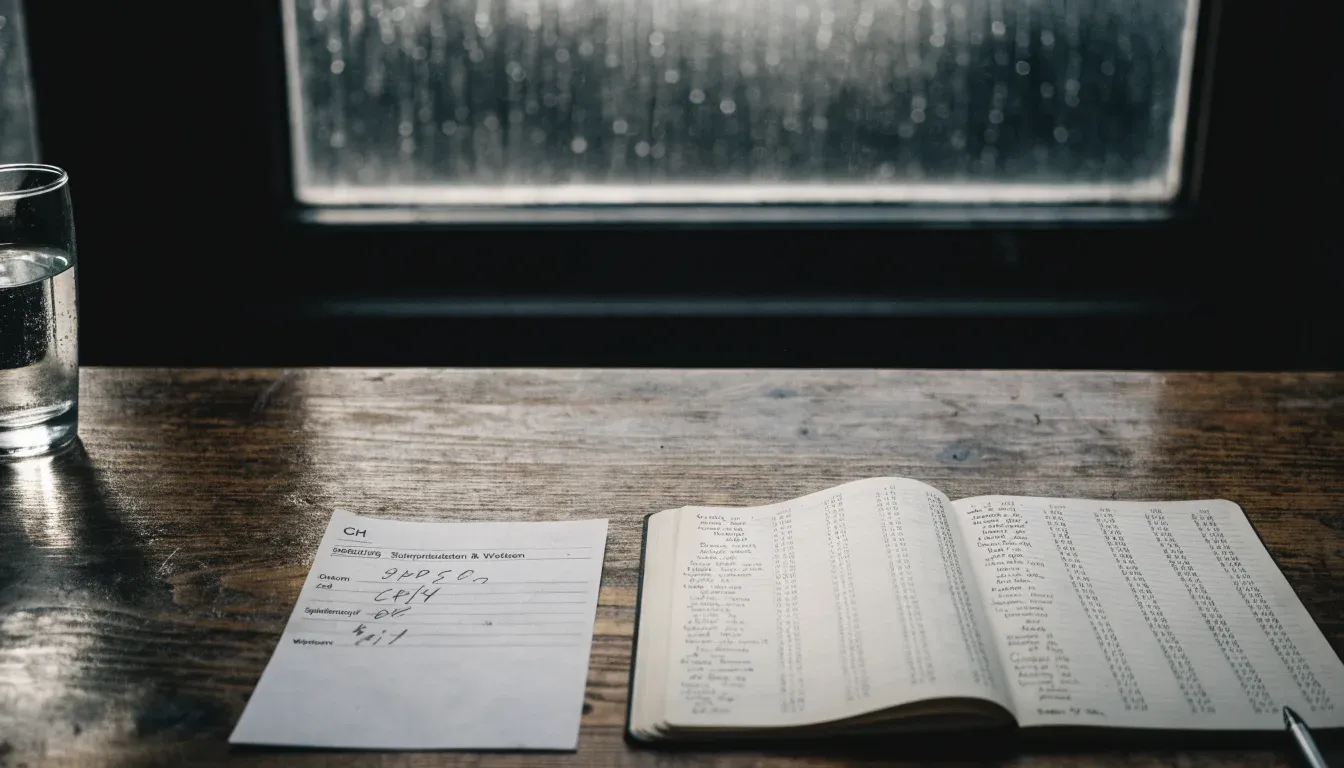 Eine Sanduhr steht auf einem Holztisch neben einer Brille, hinter dem Fenster laufen Regentropfen über das Glas.