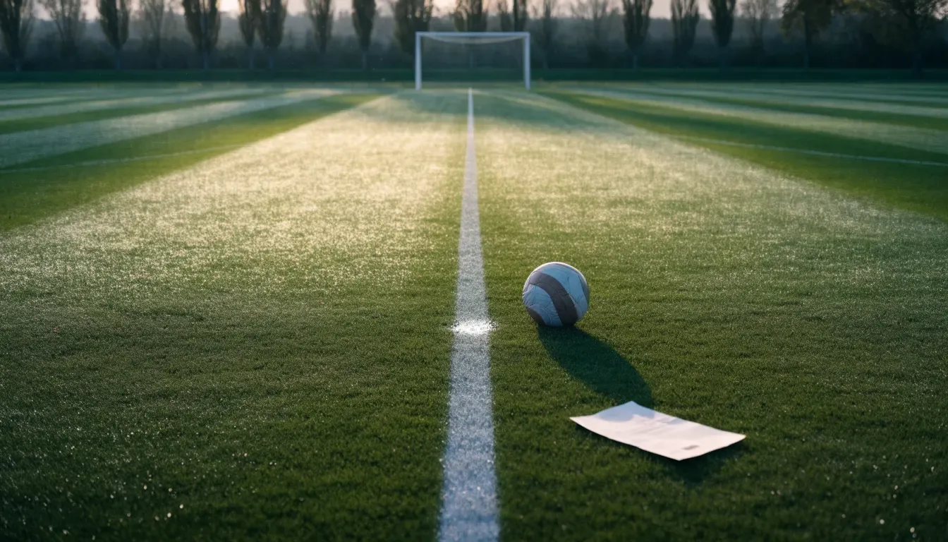 Ein leerer Fussballplatz mit weissen Linien von oben gesehen im Morgenlicht, am Rand stehen zwei Tore und eine Reihe Pappeln.