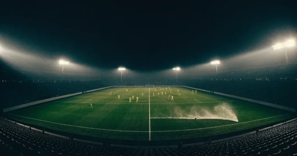 Ein Fussballspiel am Abend aus der Tribünenperspektive, die Spieler sind nur als kleine Figuren zu erkennen und das Flutlicht beleuchtet den nassen Rasen.