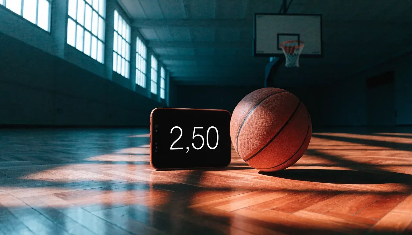 Ein Basketball liegt unter dem Korb in einer leeren Sporthalle, durch hohe Fenster fällt Tageslicht auf das Parkett.