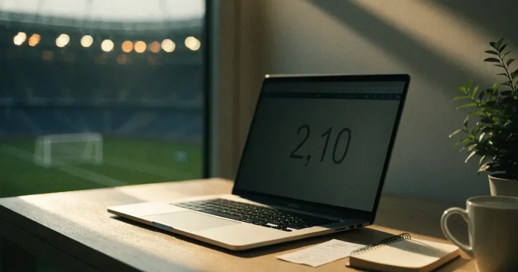 Ein aufgeräumter Schreibtisch mit Pflanze und Tasse in einem Heimbüro, vor dem Fenster liegt ein Fussballplatz im Gegenlicht.