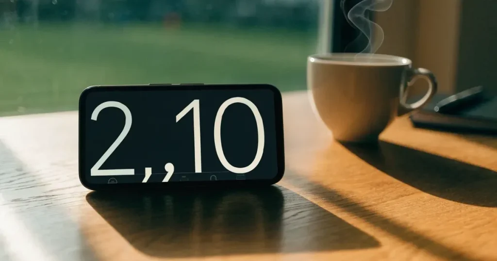 Ein Smartphone mit dunklem Display liegt auf einem Holztisch neben einer Kaffeetasse, durch das Fenster fällt warmes Abendlicht.
