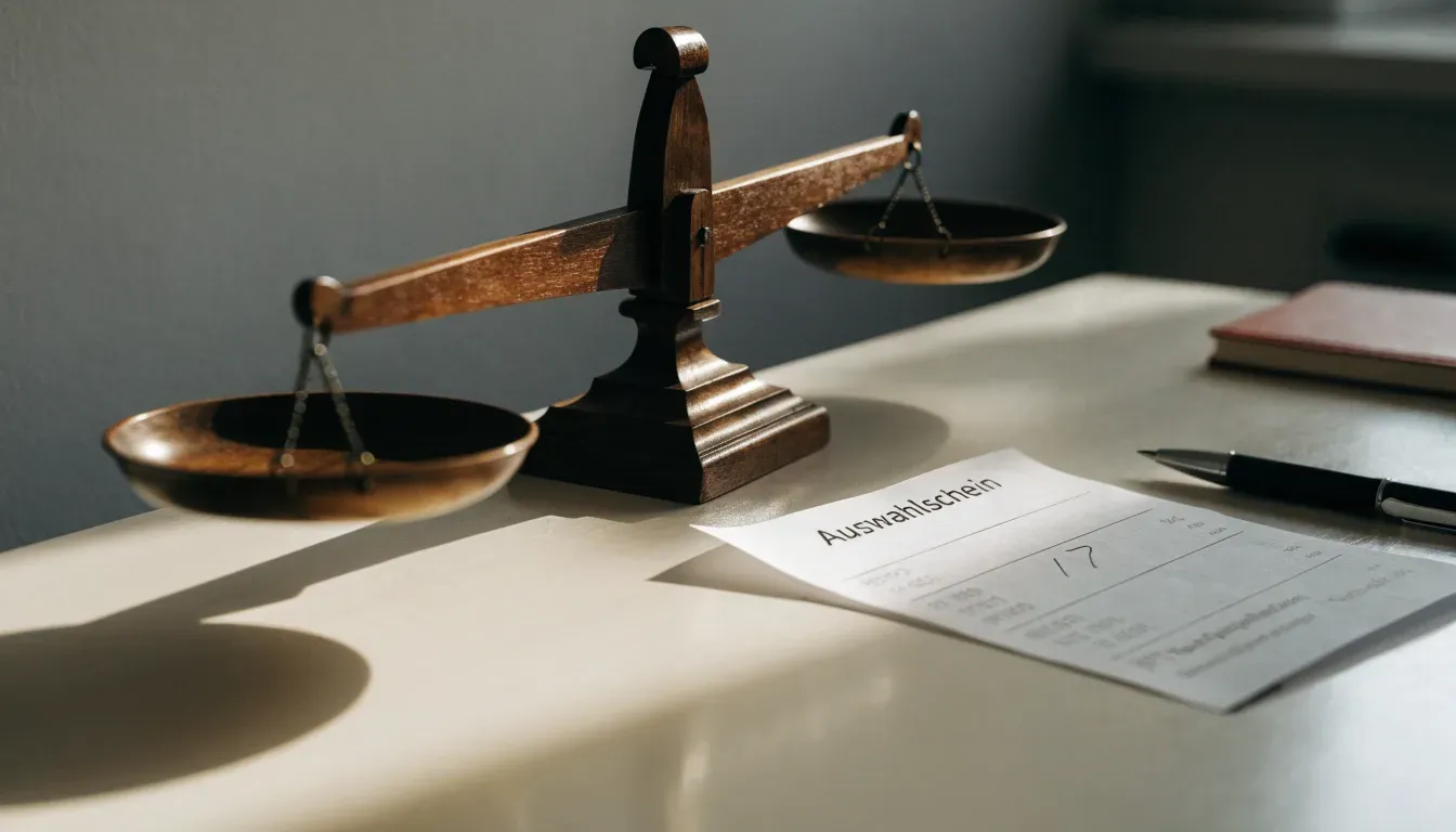 Eine Holzwaage mit zwei kleinen leeren Schalen steht leicht geneigt auf einem Tisch, Tageslicht fällt von der Seite ein.