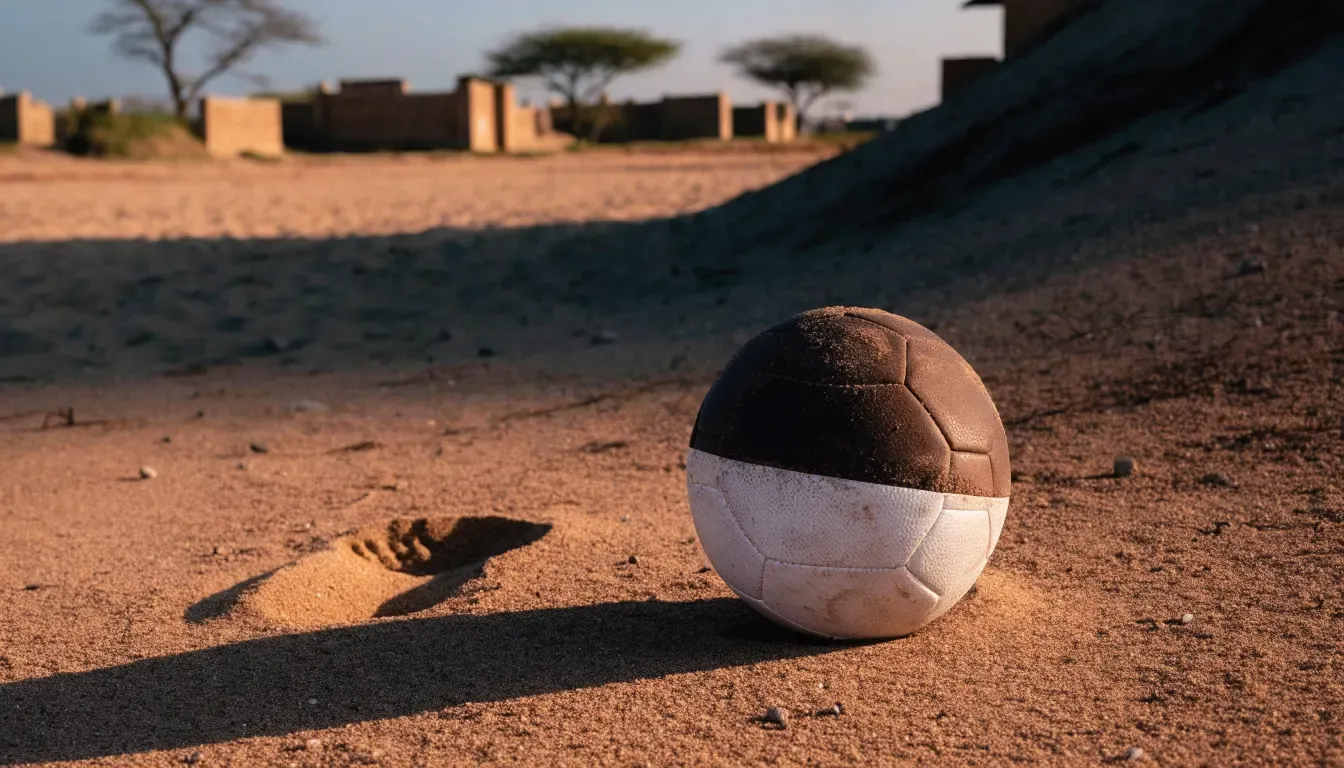 Ein Fussball liegt auf rotbraunem Sand am Rand eines Dorfes, die Abendsonne wirft lange Schatten.