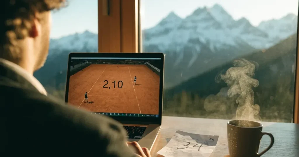 Ein Sandplatz im ersten Morgenlicht, die Linien sind frisch gezogen, das Netz bewegt sich leicht im Wind, Berge im Dunst.