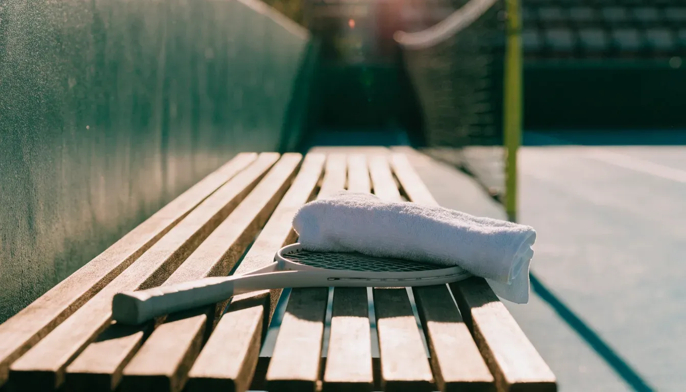 Ein Schläger und ein Handtuch liegen auf einer Bank im Schatten eines Sonnensegels, dahinter flimmert die Hitze über dem Platz.