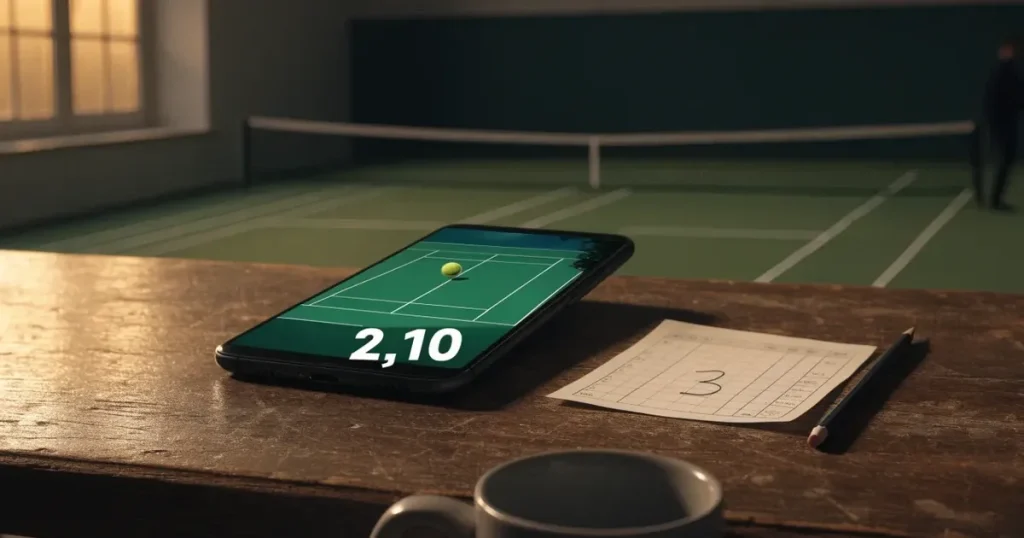 Ein Tennisnetz in Nahaufnahme im Gegenlicht der tiefstehenden Sonne, feine Staubkörner schweben über dem Platz.