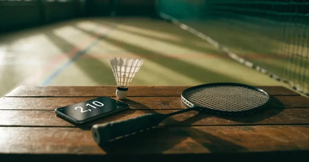 Ein Federball liegt auf dem Boden einer leeren Sporthalle, das Netz verschwimmt im Hintergrund, Licht fällt durch hohe Fenster.