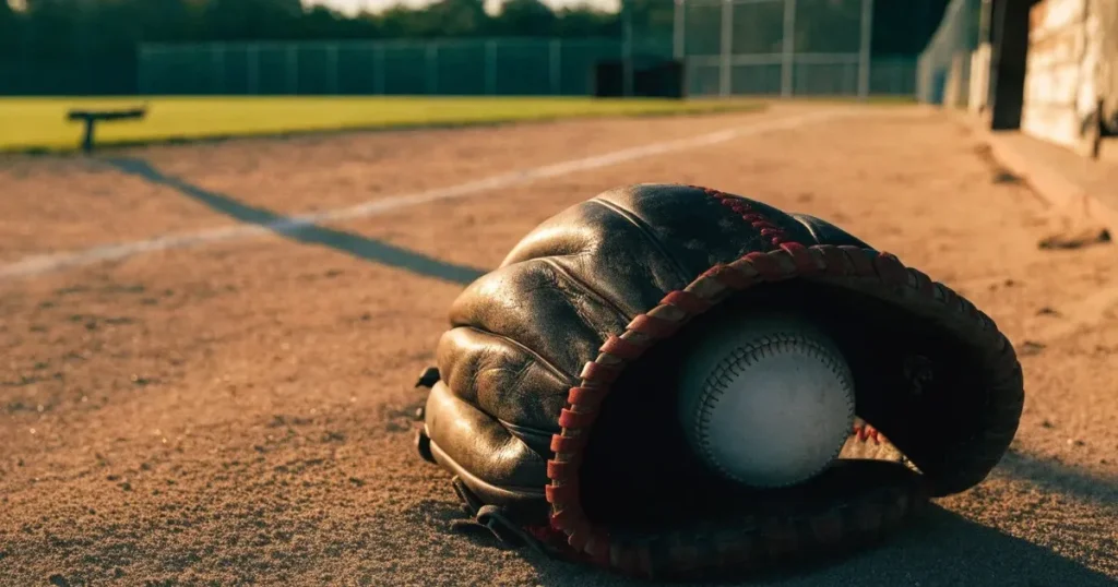 Ein Lederhandschuh und ein Ball liegen auf dem Sandboden eines leeren Spielfelds, die tiefstehende Sonne wirft lange Schatten.