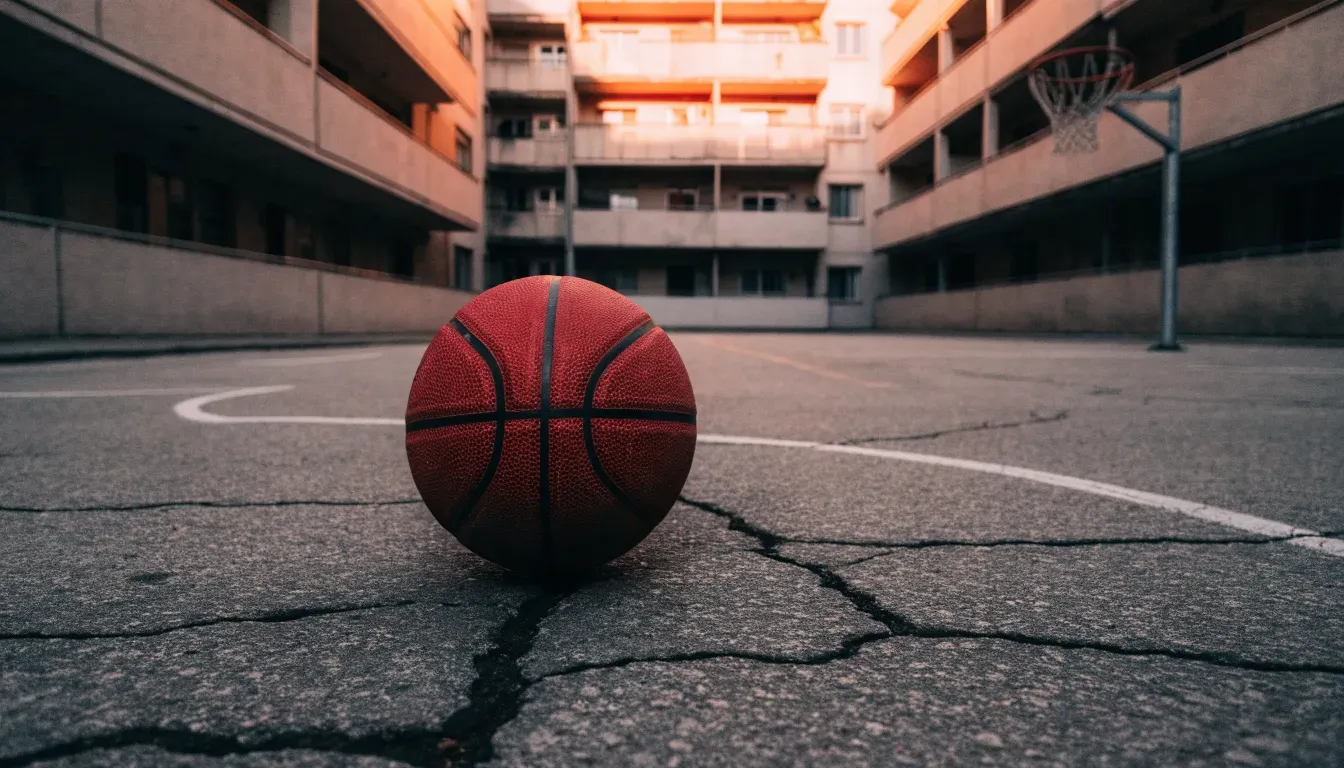 Ein Basketball liegt auf einem Asphaltplatz in einem Hinterhof zwischen Wohnblöcken, das Abendlicht färbt die Wände warm.
