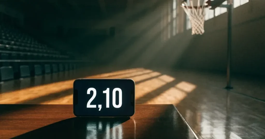Ein Basketballkorb mit Netz in einer leeren Halle, Licht fällt von hohen Fenstern auf den glänzenden Parkettboden.