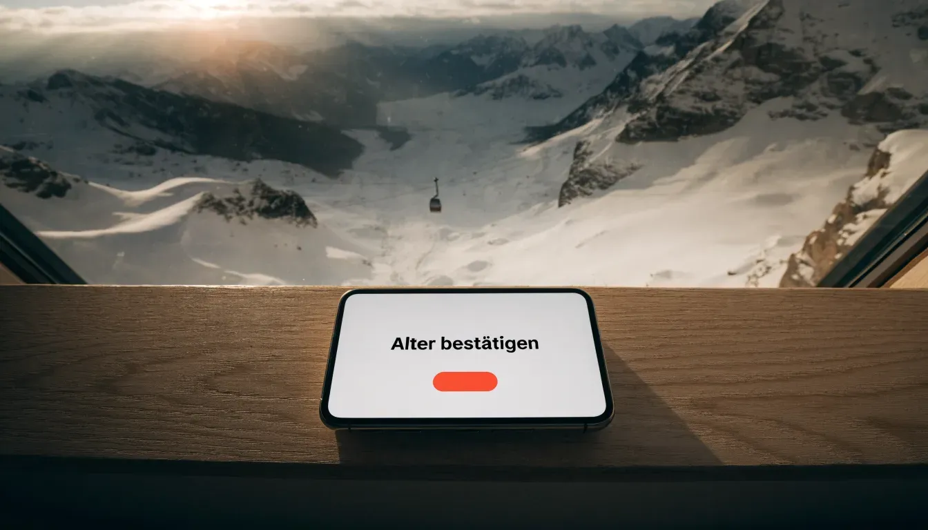Eine Seilbahnkabine schwebt über einem verschneiten Tal, die Sonne bricht durch die Wolken und beleuchtet die Hänge.