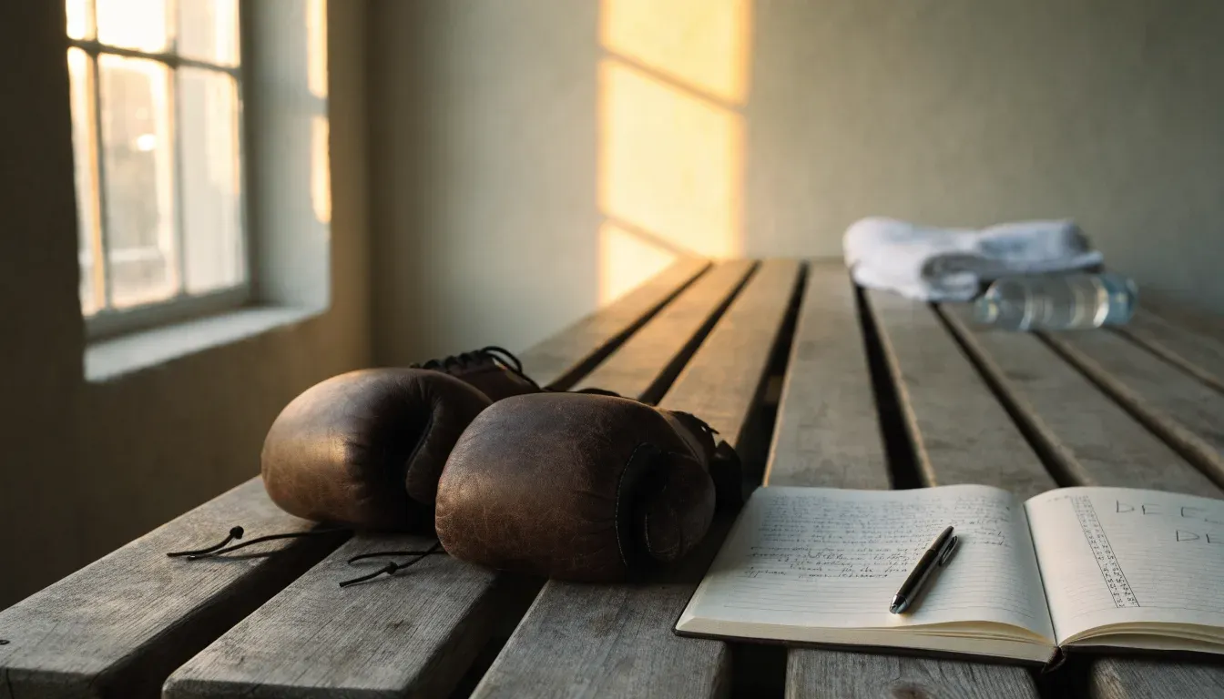 Ein Paar Boxhandschuhe aus Leder liegt auf einer Holzbank neben einem Notizbuch mit handgeschriebenen Zeilen, warmes Fensterlicht