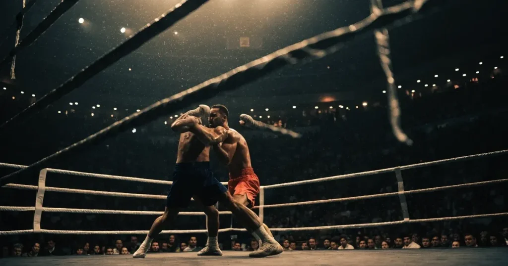 Ein leerer Boxring mit gespannten Seilen unter hellem Hallenlicht, dahinter ansteigende Zuschauerränge in einer grossen dunklen Halle