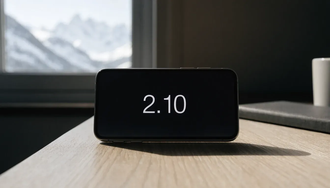 Ein Smartphone mit dunklem Bildschirm liegt auf einem Holztisch vor einem Fenster mit Blick auf schneebedeckte Gipfel