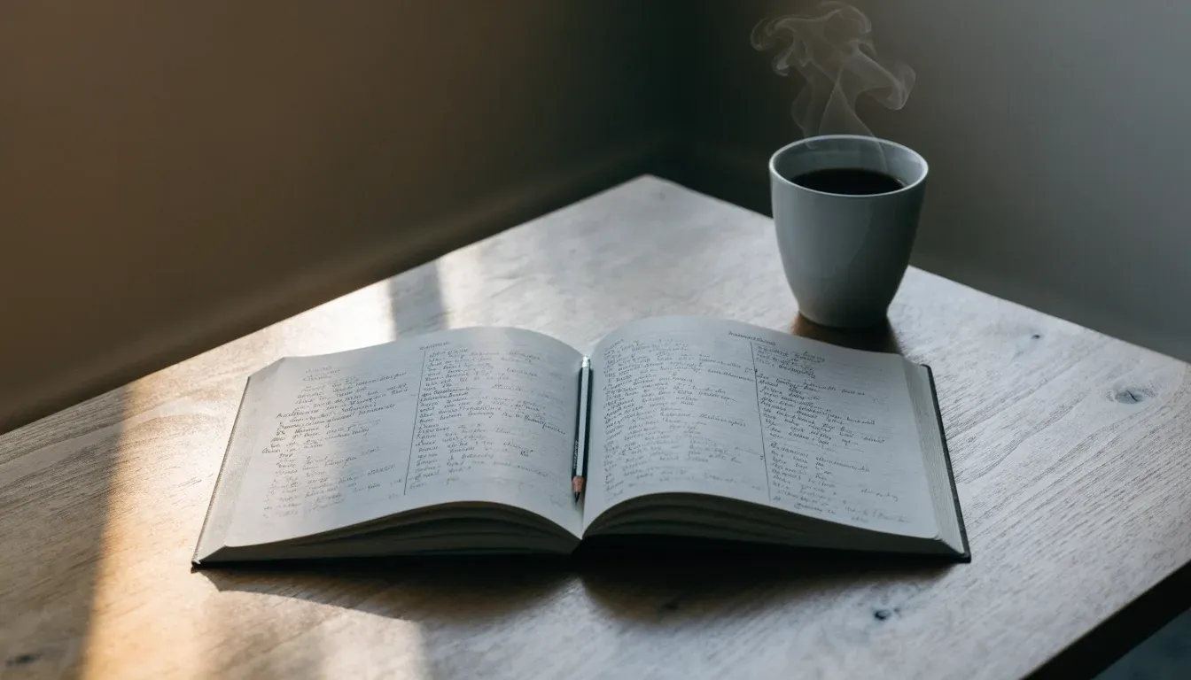 Ein aufgeschlagenes Notizbuch mit handgeschriebenen Spalten und ein Bleistift neben einer Tasse Kaffee auf einem Holztisch am Morgen