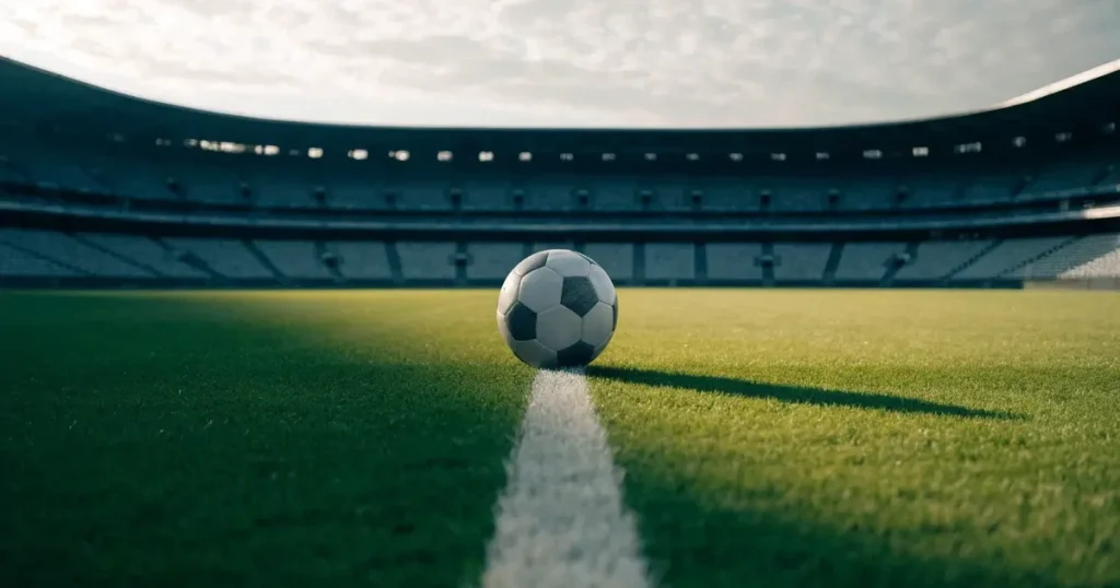 Ein Fussball liegt auf dem Anstosspunkt eines frisch gemähten Rasens, dahinter eine grosse Tribüne unter bewölktem Himmel