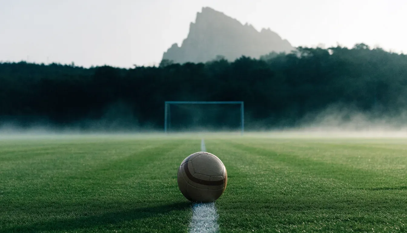 Ein einzelner Fussball auf dem Mittelpunkt eines leeren Rasens im Morgennebel, hinter dem Tor ragen Berge auf