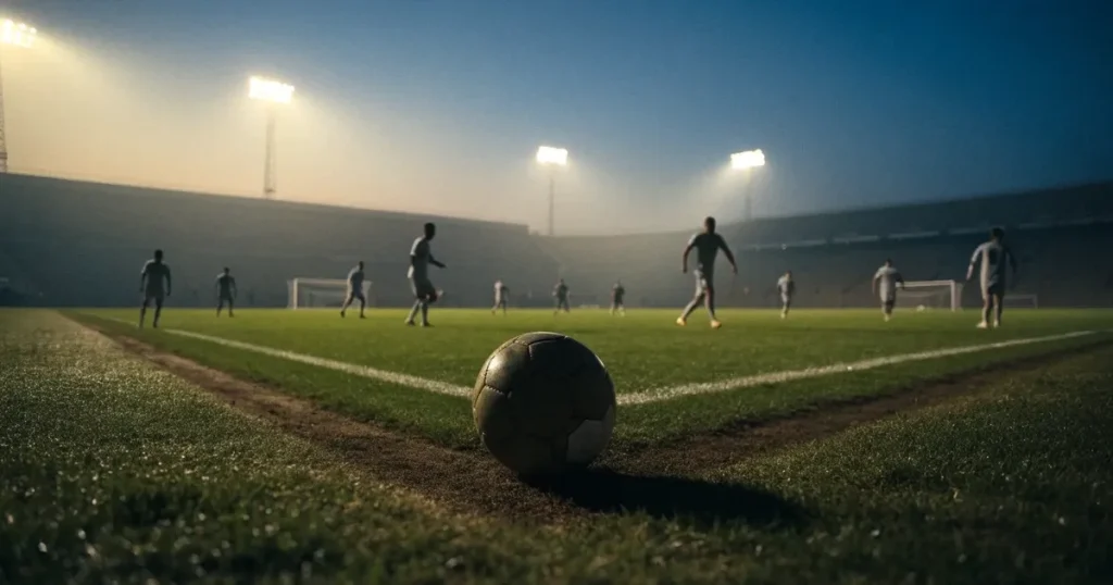 Ein Fussballstadion bei Flutlicht von einer Anhöhe aus gesehen, der Rasen leuchtet grün unter dunklem Abendhimmel
