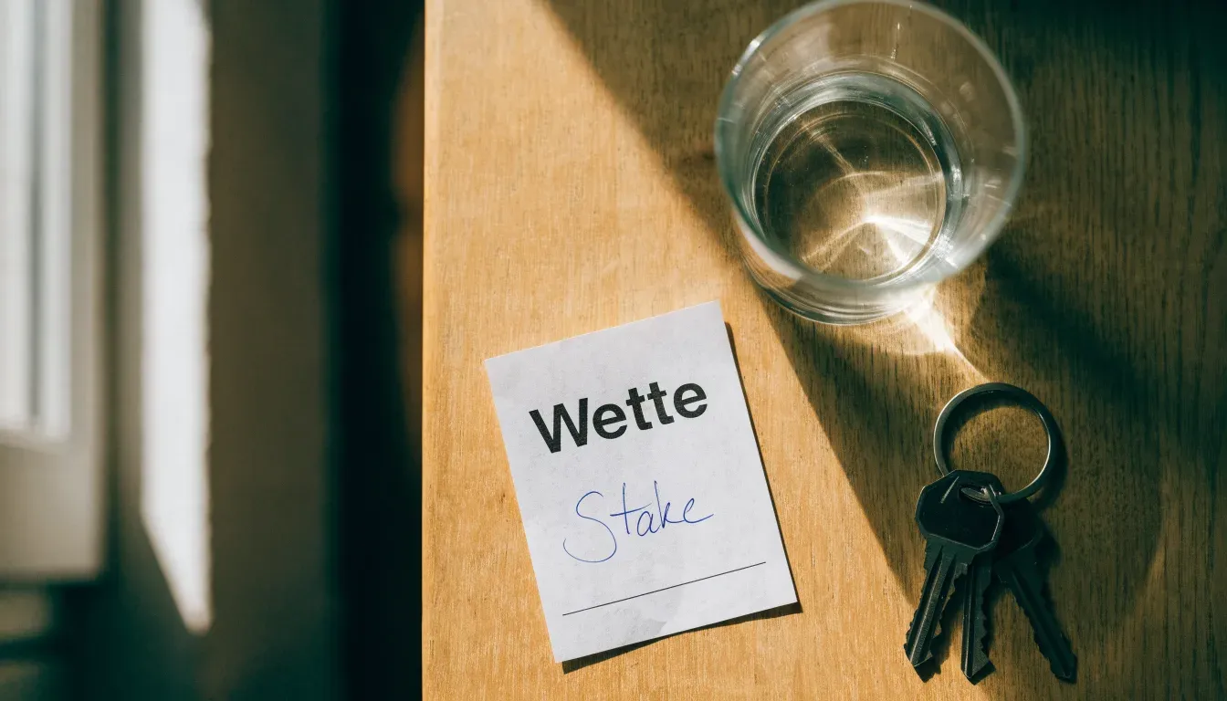 Ein Schlüsselbund und ein Glas Wasser stehen auf einem Holztisch im Licht eines Fensters