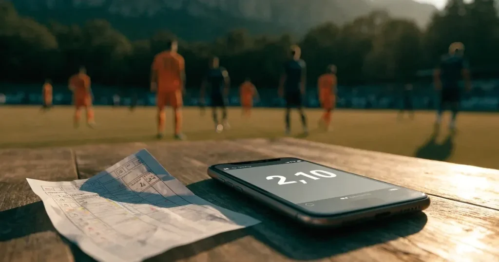 Ein Fussball auf einem staubigen Rasenstück in der Abendsonne, im Hintergrund eine hohe Bergkette