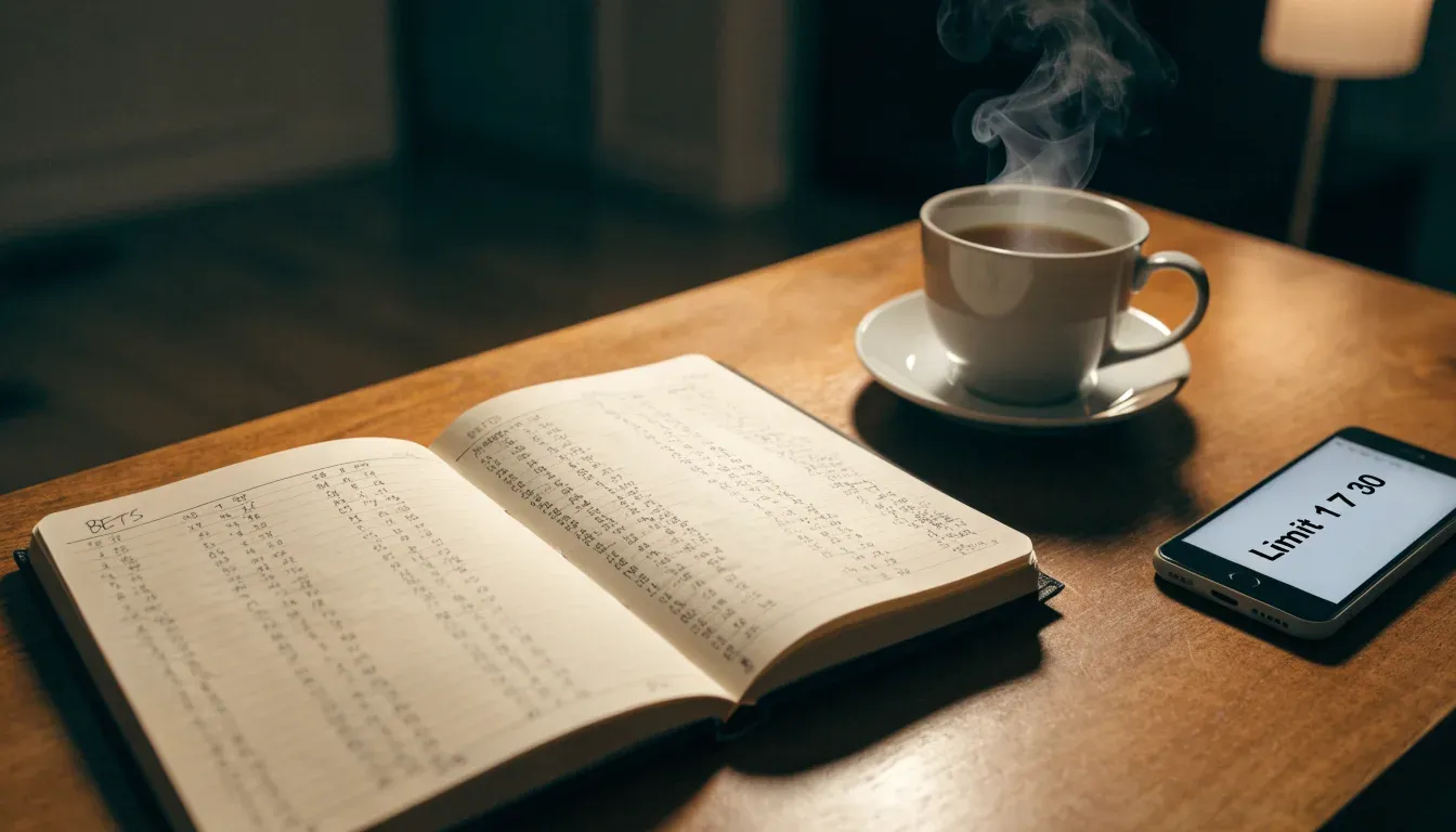 Ein Notizbuch mit handschriftlichen Einträgen und eine Tasse Tee stehen auf einem Tisch neben einer Stehlampe