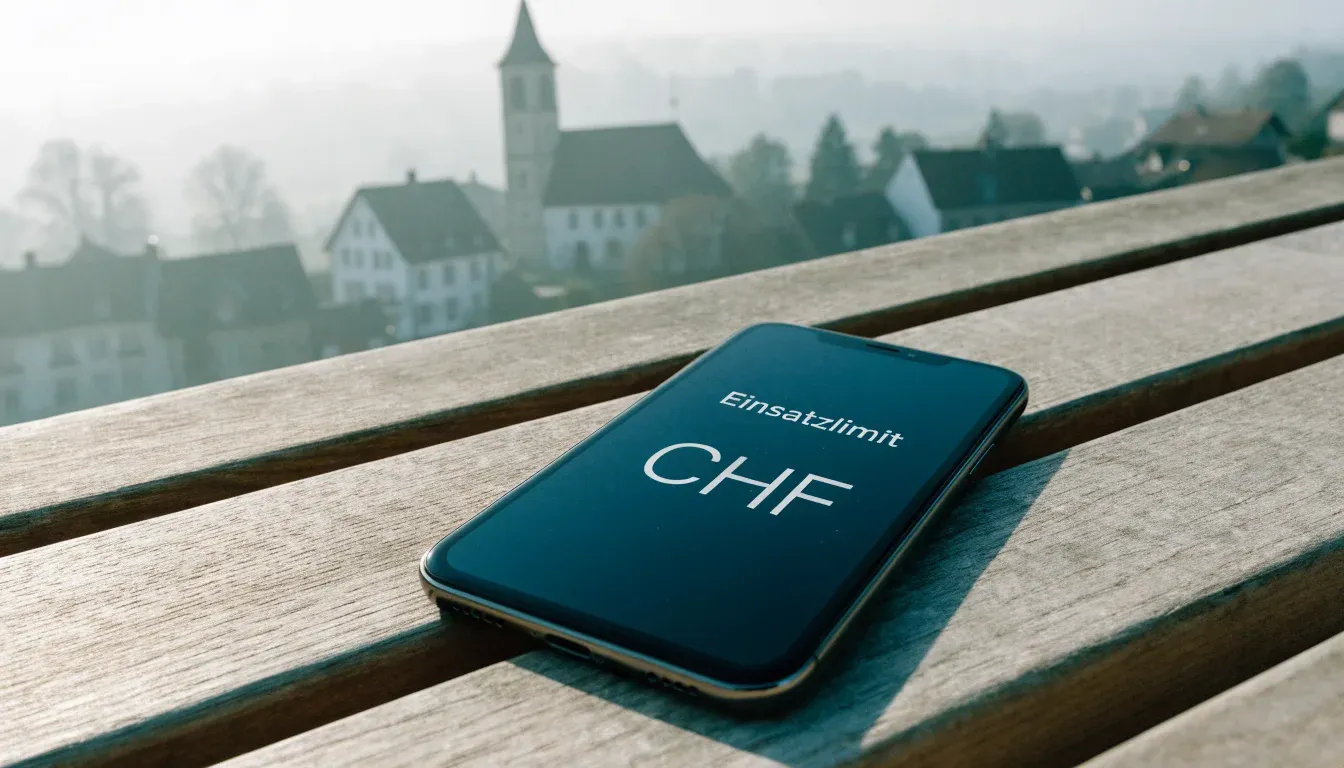 Ein Smartphone mit dunklem Display liegt auf einer Parkbank, dahinter ein Schweizer Dorf mit Kirchturm im Dunst