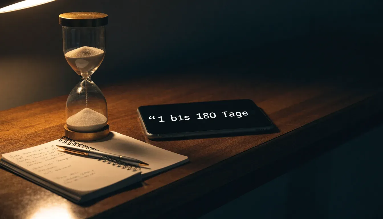 Eine Sanduhr steht auf einem Schreibtisch neben einem Notizbuch mit handschriftlichen Einträgen im Licht einer Lampe