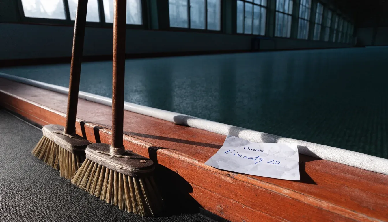 Zwei Curlingbesen lehnen an einer Bande am Rand einer leeren Eisfläche, kaltes Licht fällt durch hohe Fenster