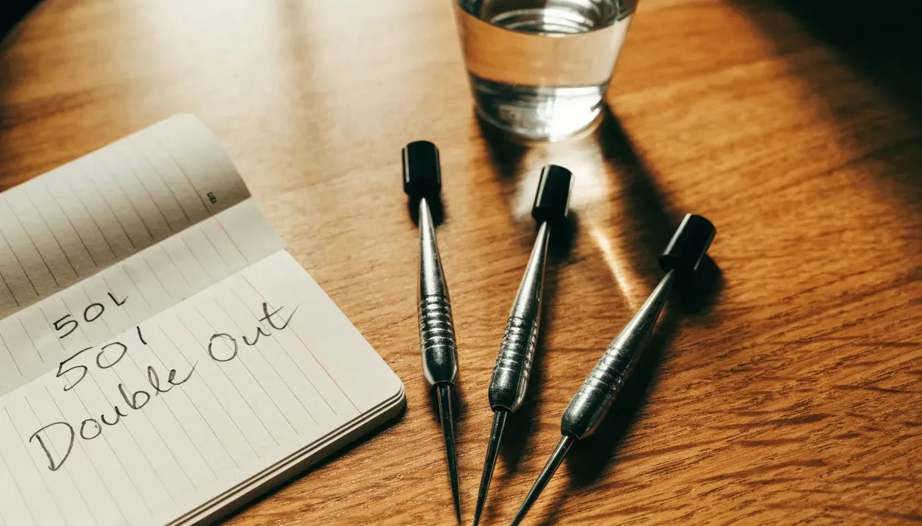 Drei Dartpfeile liegen auf einer Holzfläche neben einem Notizblock mit handschriftlichen Zahlen und einem Glas Wasser