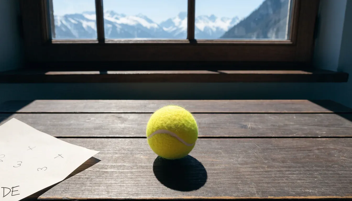 Ein einzelner gelber Tennisball liegt auf einem Holztisch vor einem Fenster mit Alpenblick