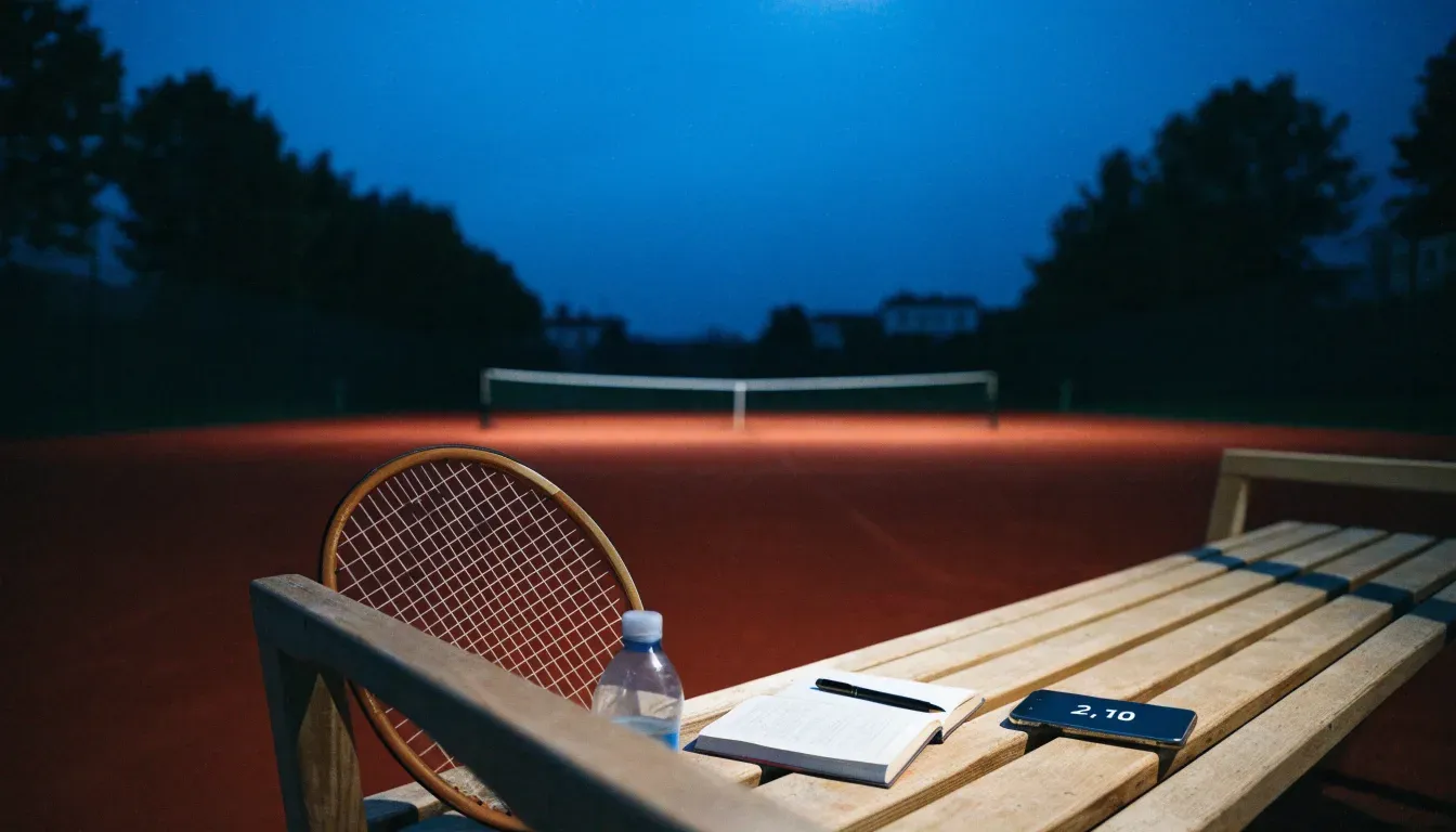 Ein Tennisschläger lehnt an einer Bank neben einer Wasserflasche, am Abend ruht der Platz im Flutlicht, aus der Ferne gesehen