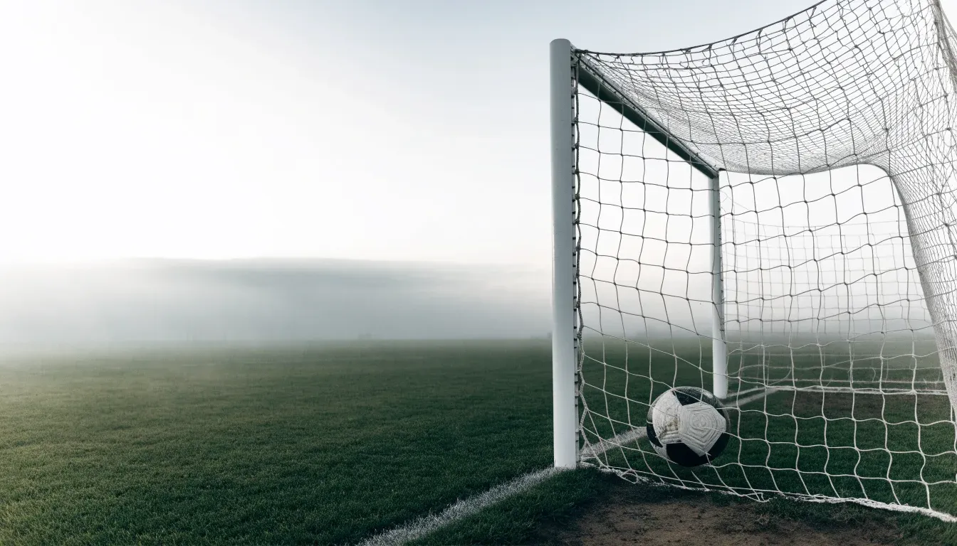 Ein Fussball liegt im Netz hinter einem Tor, weicher Morgennebel hängt über dem Rasen