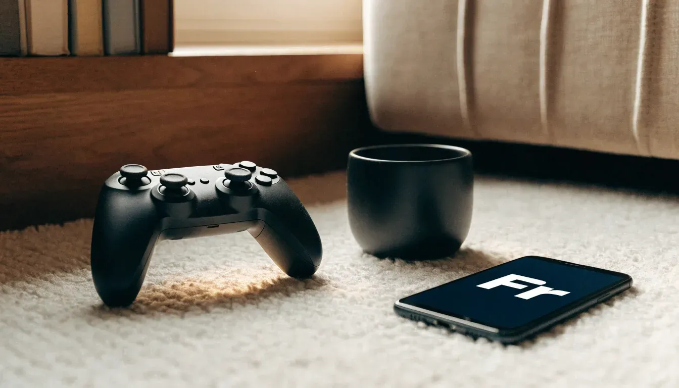 Ein Spielcontroller liegt auf einem Teppich neben einer Tasse, im Hintergrund ein Regal mit Büchern