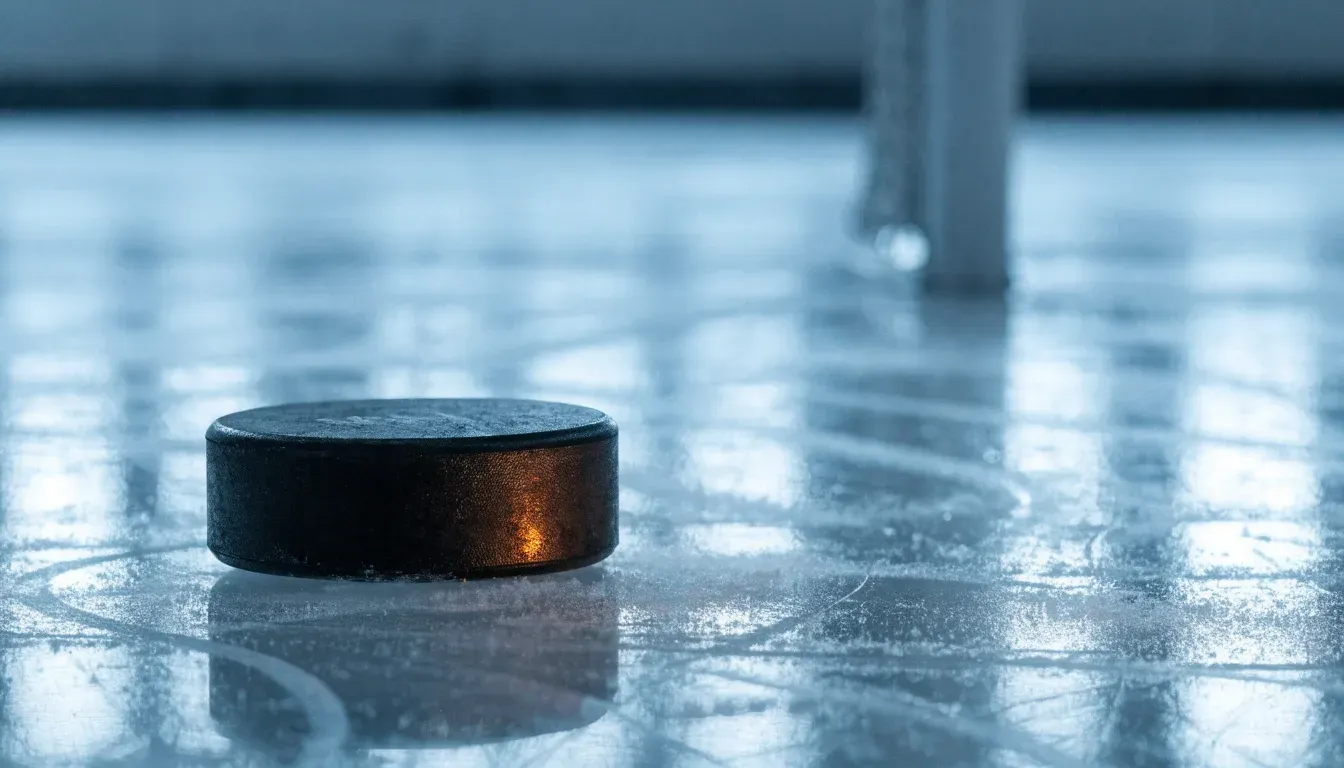 Ein Eishockeypuck liegt auf einer Eisfläche mit Kratzspuren, Nahaufnahme mit kühlen Reflexen