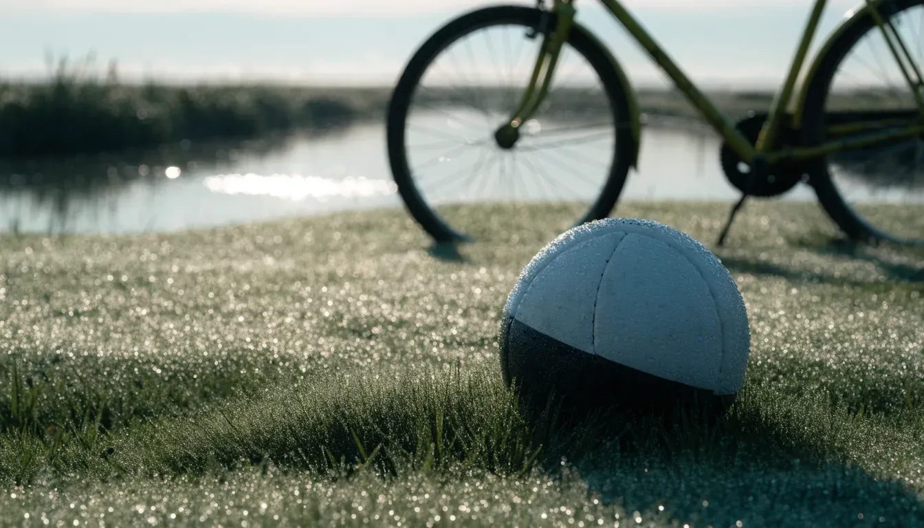 Ein Fussball liegt auf einer Wiese neben einem Fahrrad, im Hintergrund ein Kanal im Morgenlicht