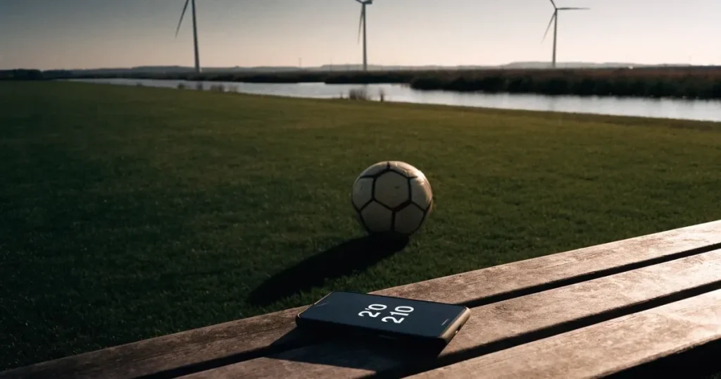 Ein Fussballplatz neben einem Kanal in flachem Land mit Windrädern am Horizont, Abendlicht liegt über dem Rasen