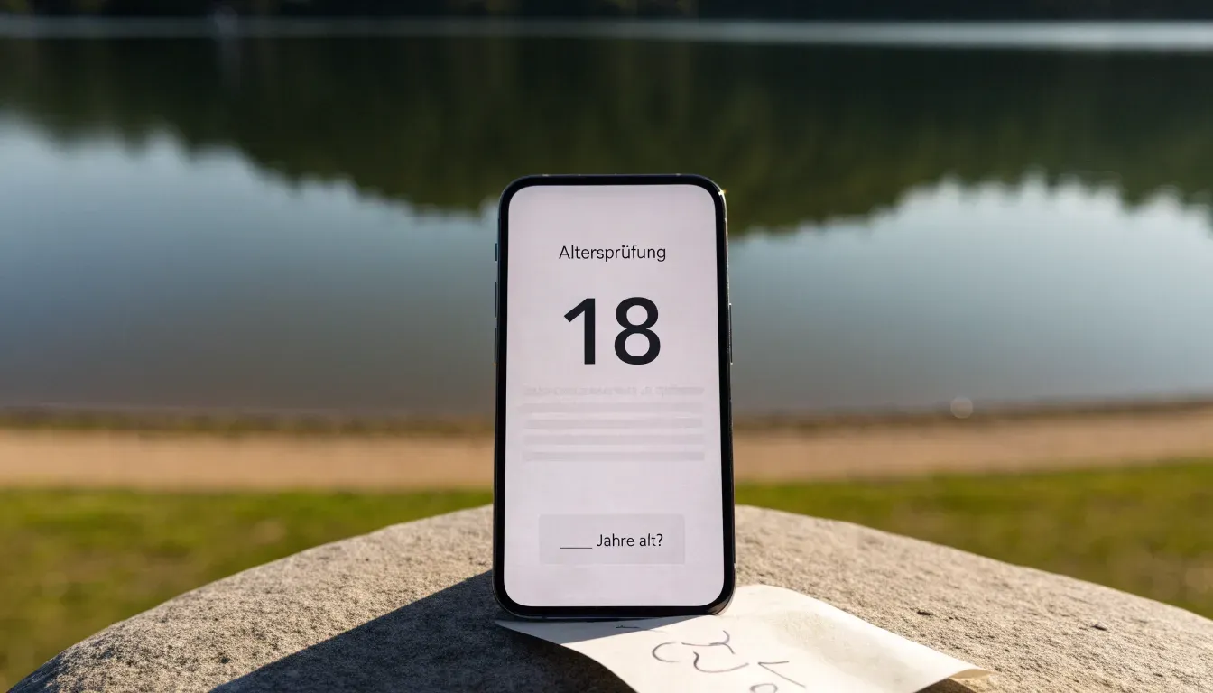 Ein schmaler Wanderweg führt am Seeufer entlang, auf einem Stein liegt ein Smartphone mit dunklem Display