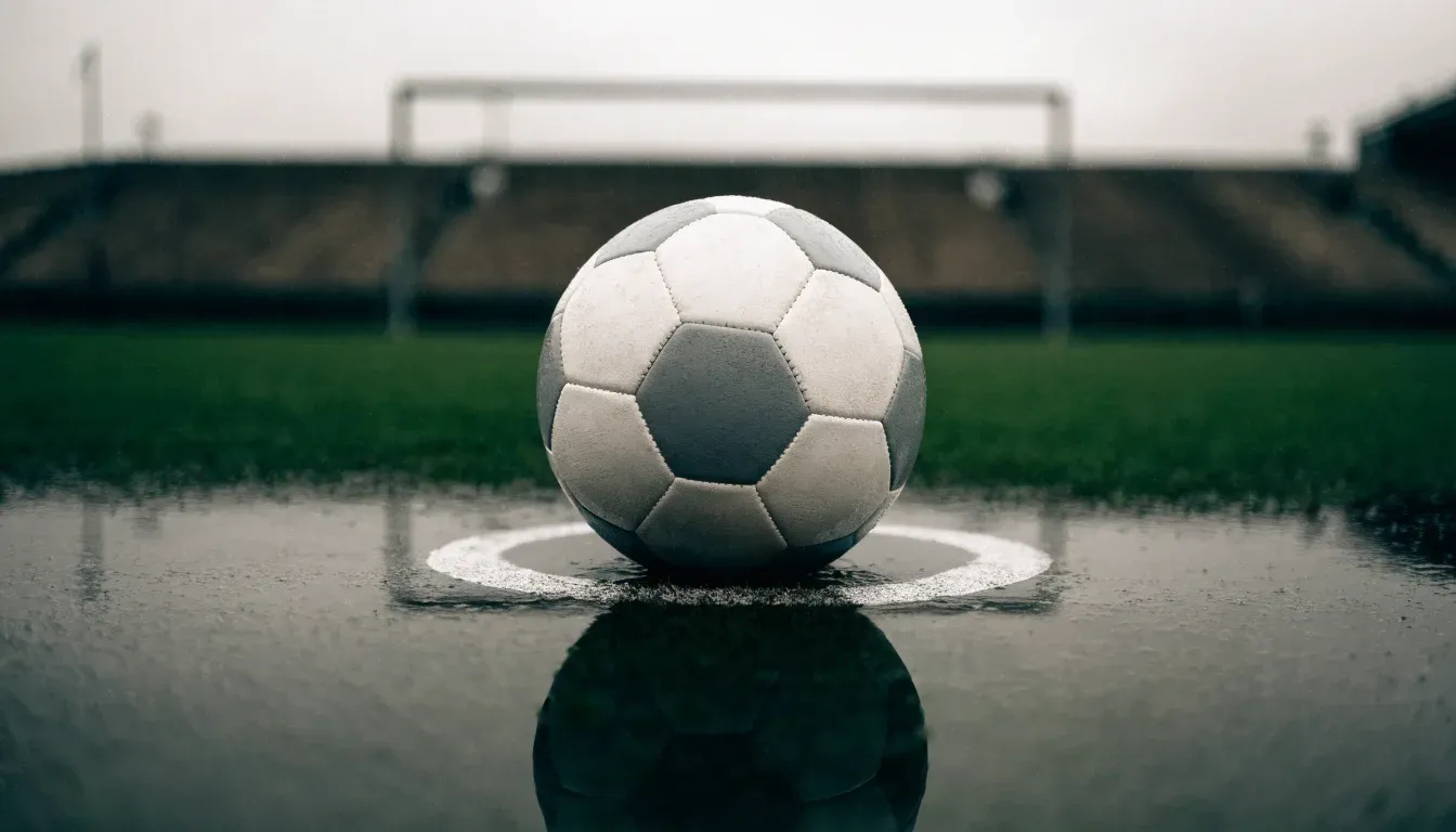 Ein Fussball liegt auf dem Anstosspunkt eines nassen Rasens, dahinter eine leere Tribüne unter grauem Himmel.