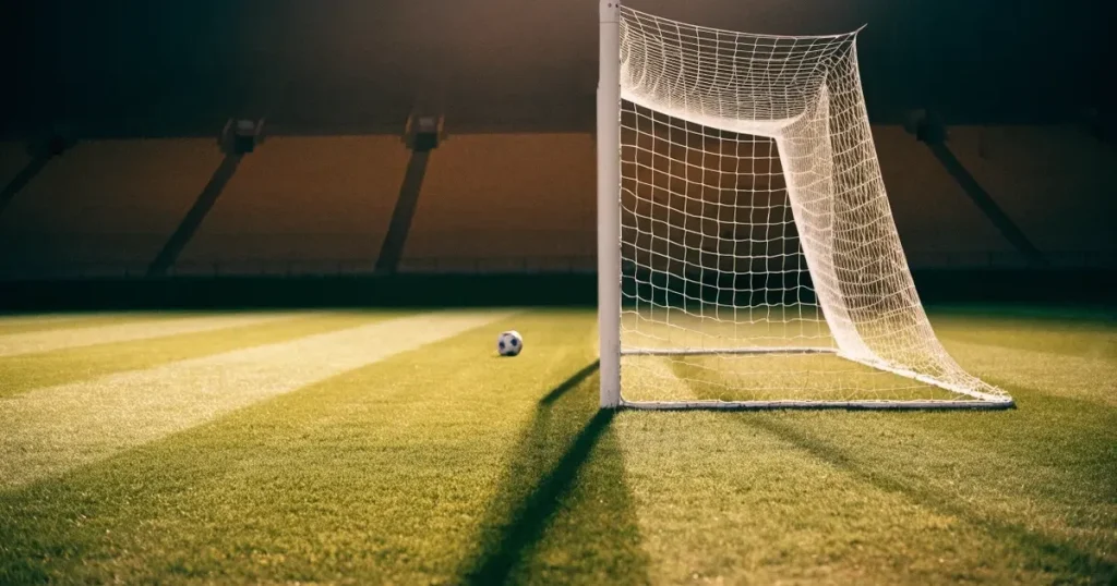 Ein Fussballtor mit weissem Netz steht auf frisch gemähtem Rasen, die hellen und dunklen Streifen im Gras leuchten im Gegenlicht.