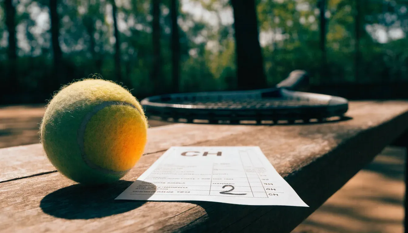 Ein Tennisball und ein Schläger ruhen auf einer Holzbank am Spielfeldrand, im Hintergrund hohe Bäume im Sommerlicht.